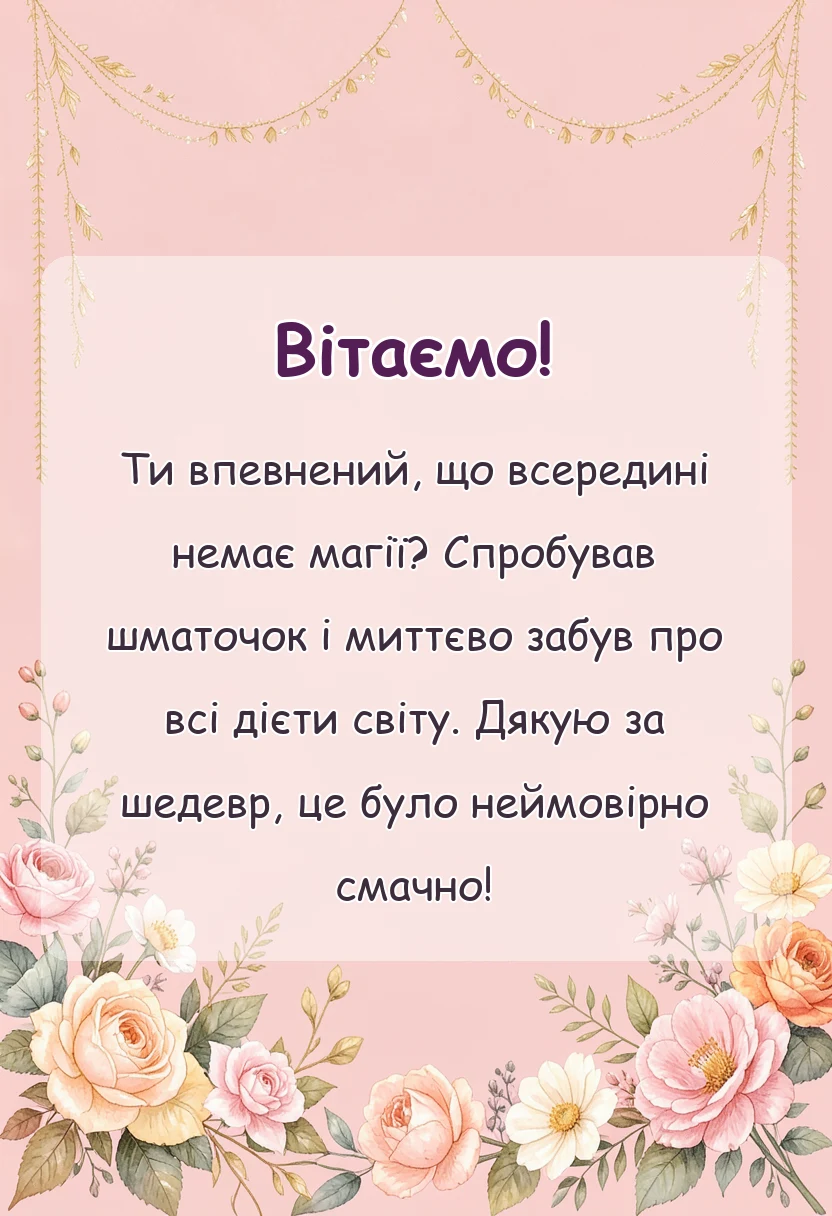листівка з побажанням - подяка за торт своїми словами