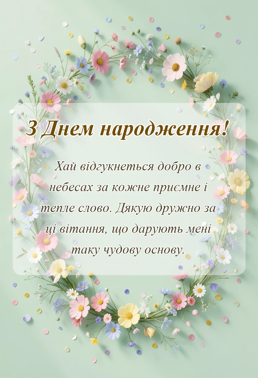 вітальна листівка - подяка за вітання з днем народження своїми словами