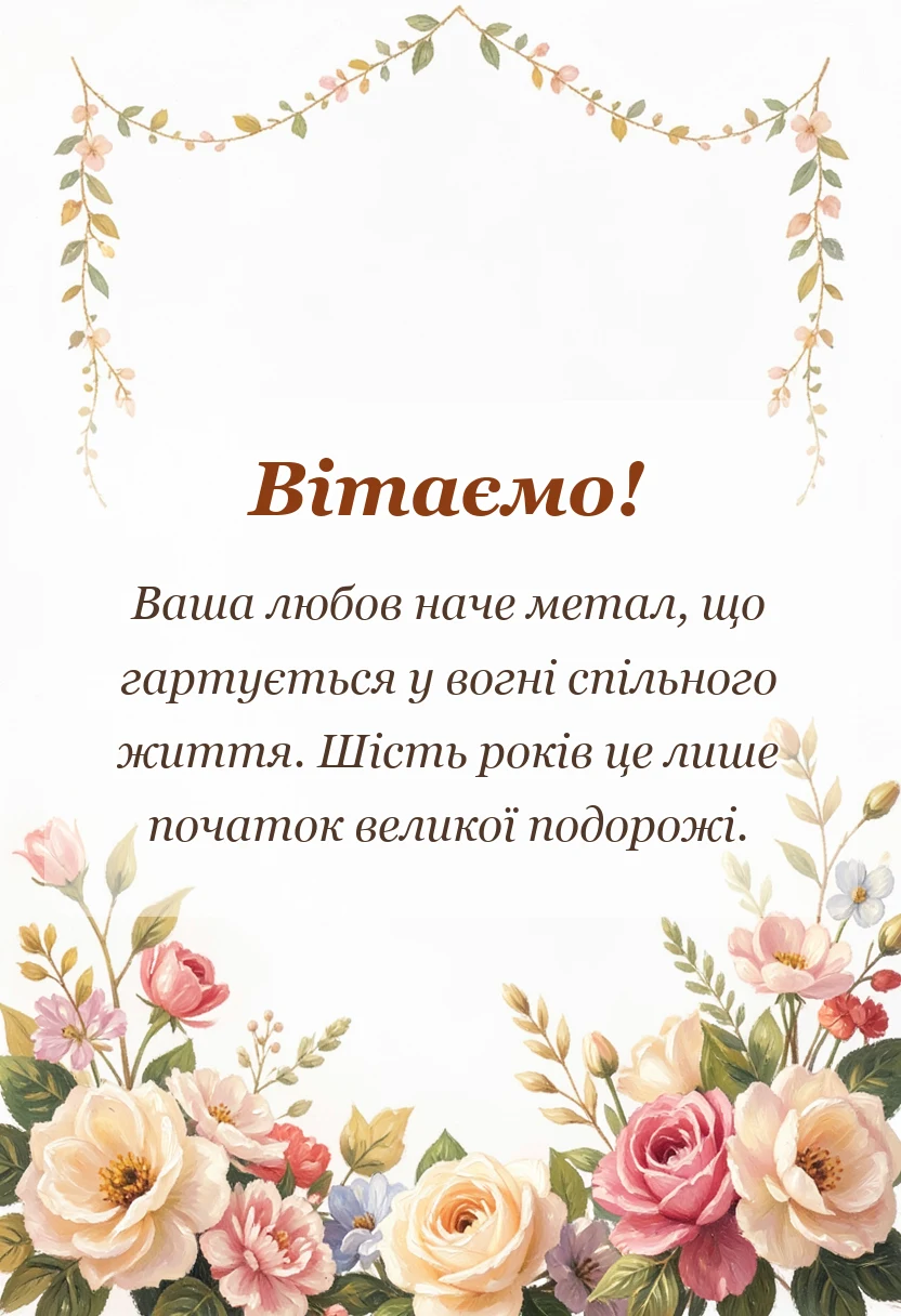 листівка з побажанням - привітання з річницею весілля 6 років чавунне весілля