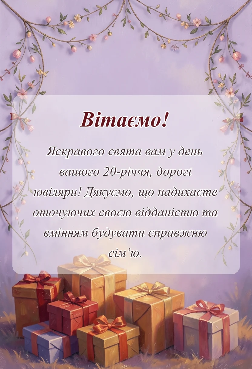вітальна листівка - привітання з річницею весілля 20 років