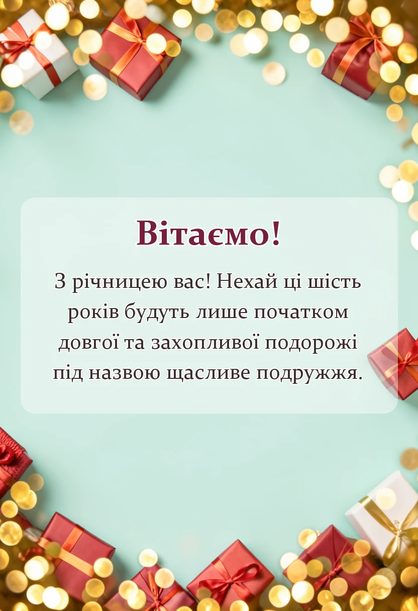 вітальна листівка - привітання з річницею весілля 6 років чавунне весілля