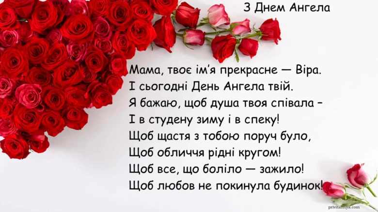 Червоні троянди та привітання з Днем Ангела мамі українською мовою.