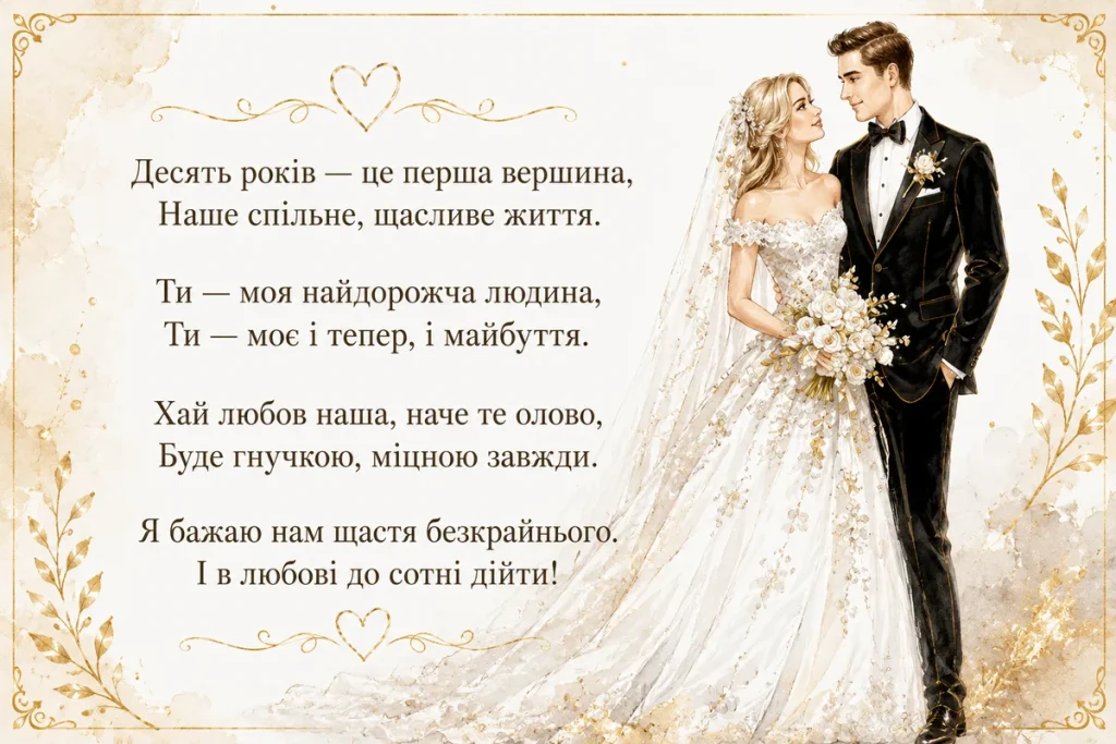 Весільна пара та привітання на десяту річницю