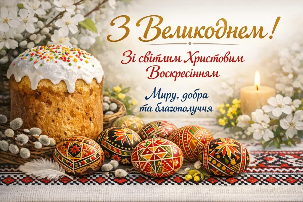Пасхальне привітання з куличем та писанками