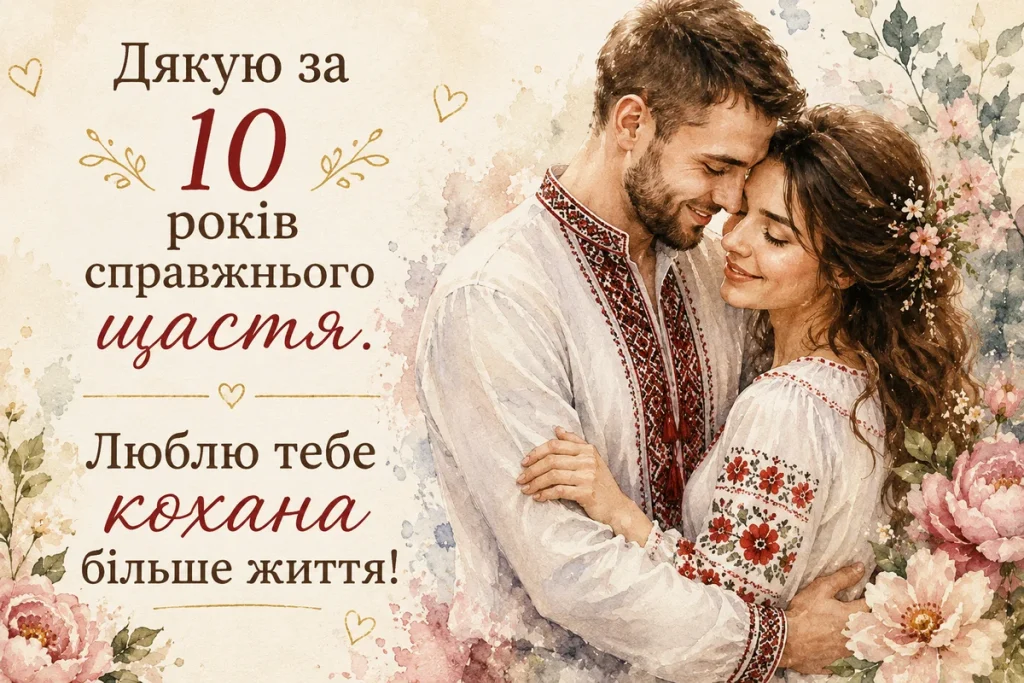 Чоловік і жінка обіймаються в народних костюмах на фоні квітів.