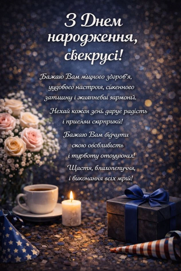 Привітання з днем народження свекрусі: квіти, свічка, подарунок.