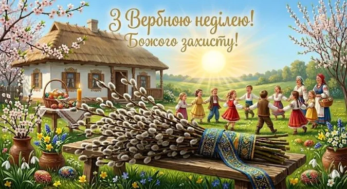 Вірша з вербою та дітьми на фоні традиційної хати.