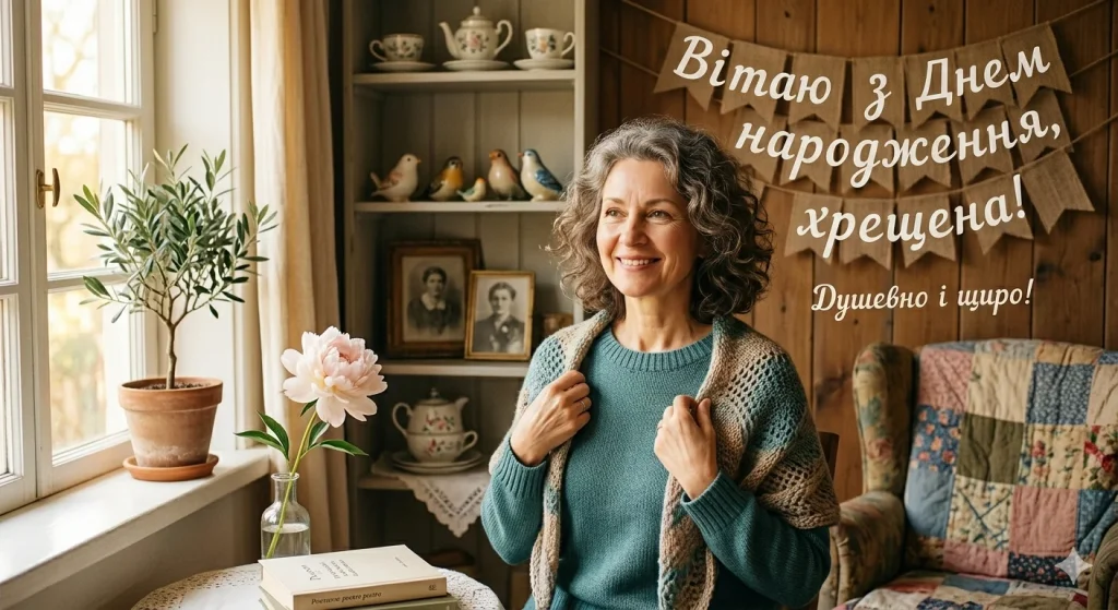 Портрет старої жінки з привітанням на українській мові.
