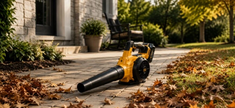 Жовто-чорний акумуляторний повітродувка DeWALT на доріжці серед листя.