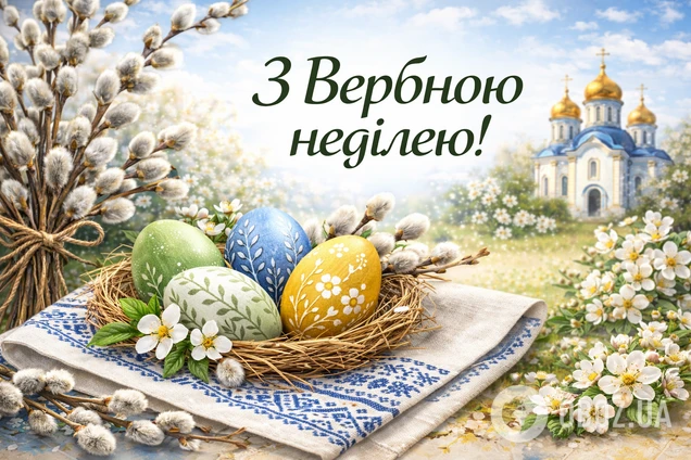 Вербна неділя: яйця в гнізді та верба на фоні церкви.