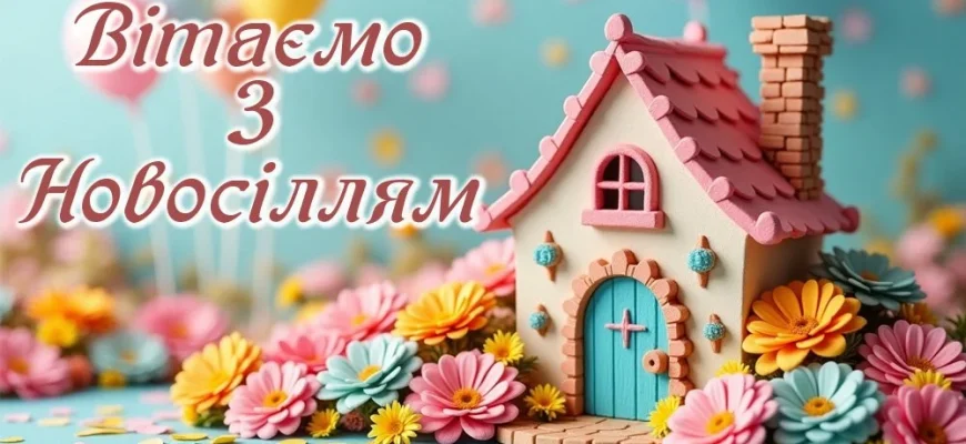 Колірний будиночок з квітами та привітанням новосіллям.