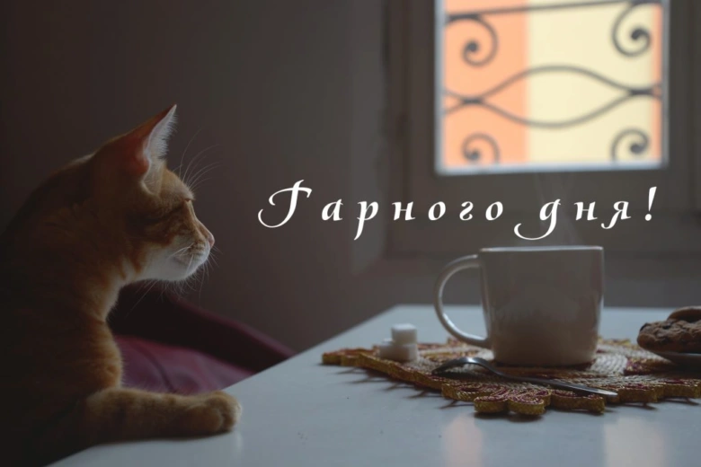 Кіт біля чашки з гарячим напоєм та побажанням гарного дня.