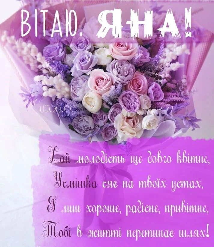Привітання Яні з днем народження у фіолетових квітах