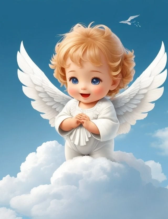 Миле ангельське дитя на хмарі під блакитним небом.