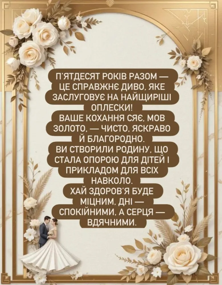 Картка з квітами та побажаннями на золоте весілля українською мовою.