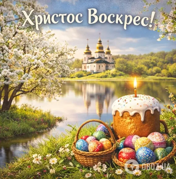 Пасхальне привітання з яйцями та паскою біля церкви.