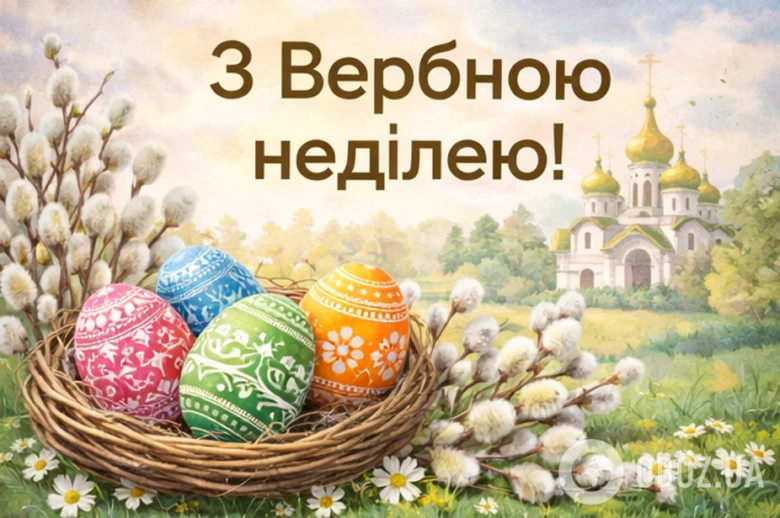 Якн Вербною неділею! Яйця в гнізді з вербою та церква на фоні.