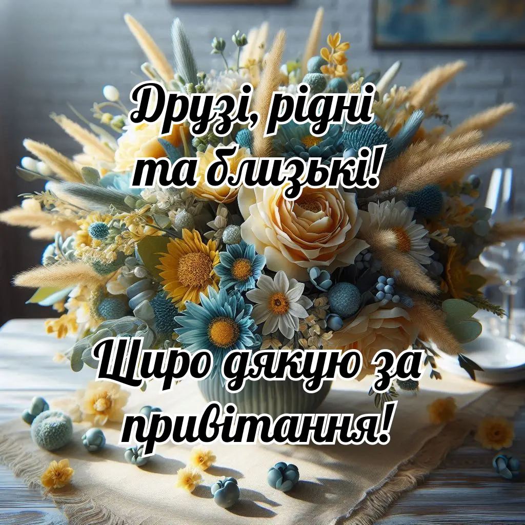 Квітковий букет у вазі на дерев'яному столі з привітанням.