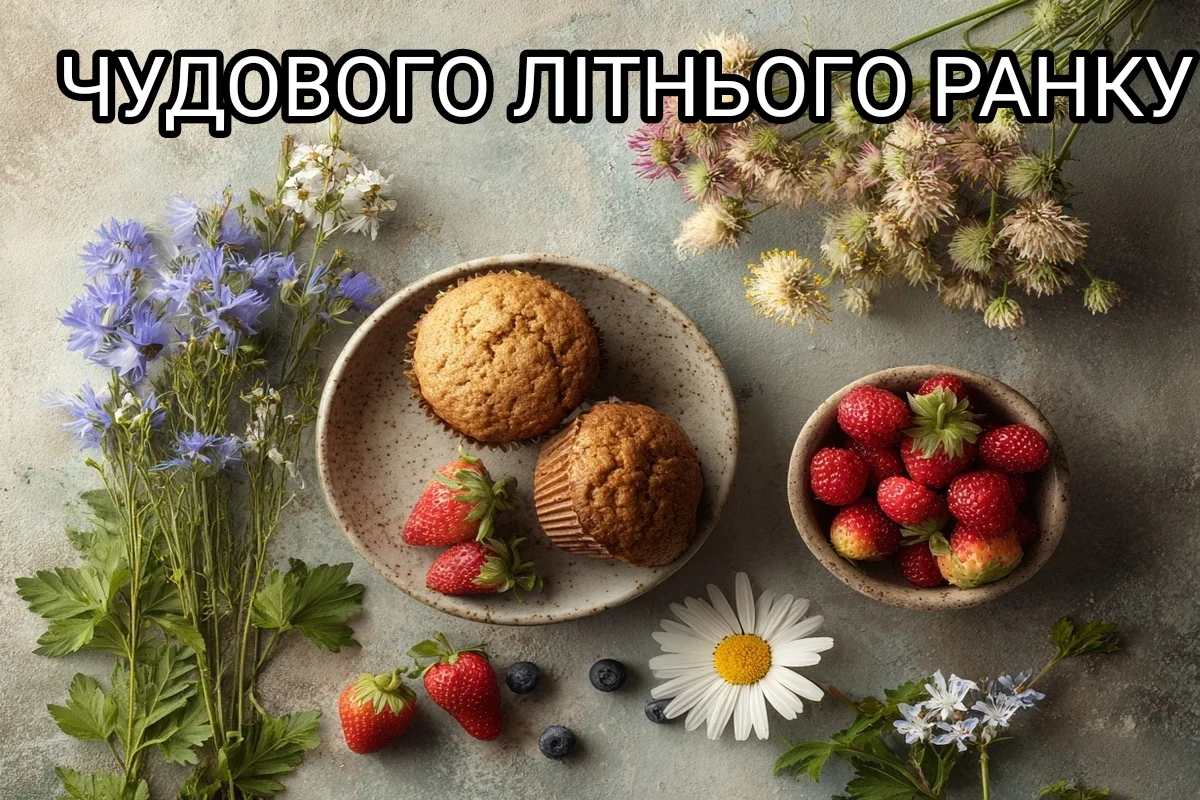Свіжі ягоди, мафіни та квіти для гарного ранку