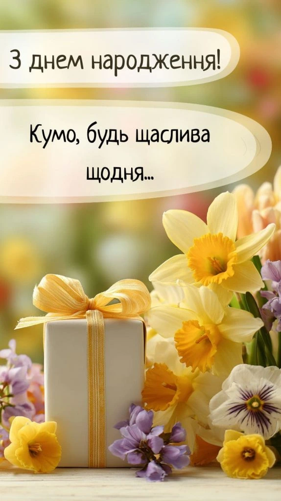Квіти та подарунок з привітанням на день народження куми.