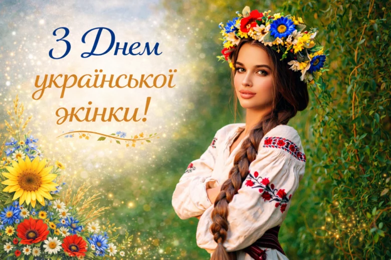 Українська жінка в народному одязі з квітковим вінком на фоні соняшників.