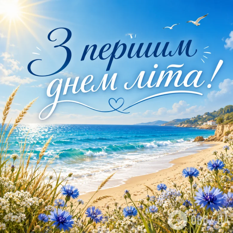 Картка привітання з першим днем літа на фоні моря та квітів.